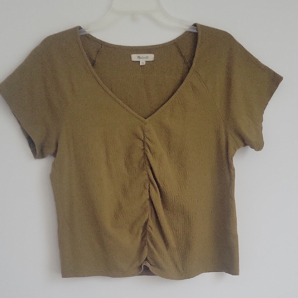 Madewell Olive Green V-Neck Short Sleeve Tee with Front Ruching